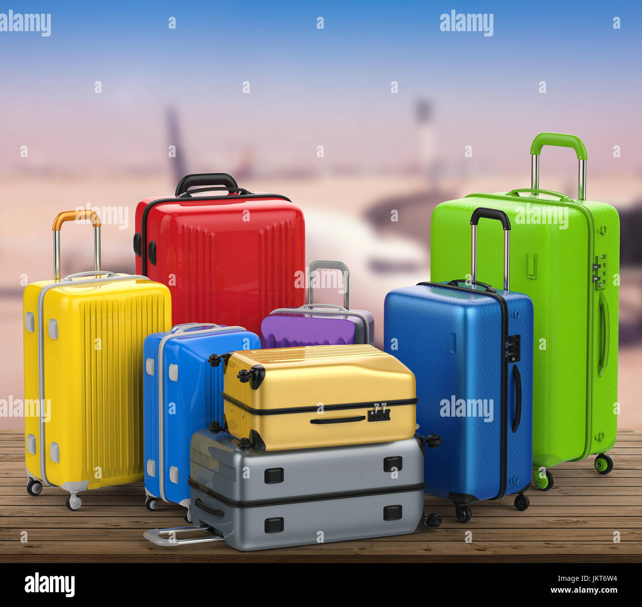 3d rendering hard case colorful luggages with airport terminal ...