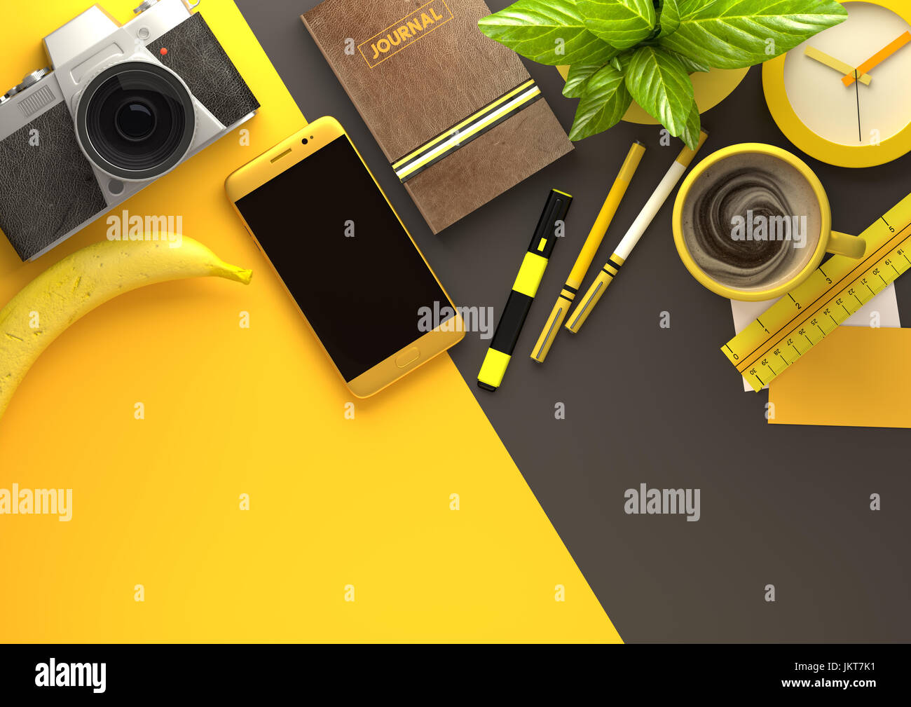 Yellow themed Top down view of a business desktop with a smartphone, office accessories,a journal, coffee and snacks. 3D illustration render. Stock Photo