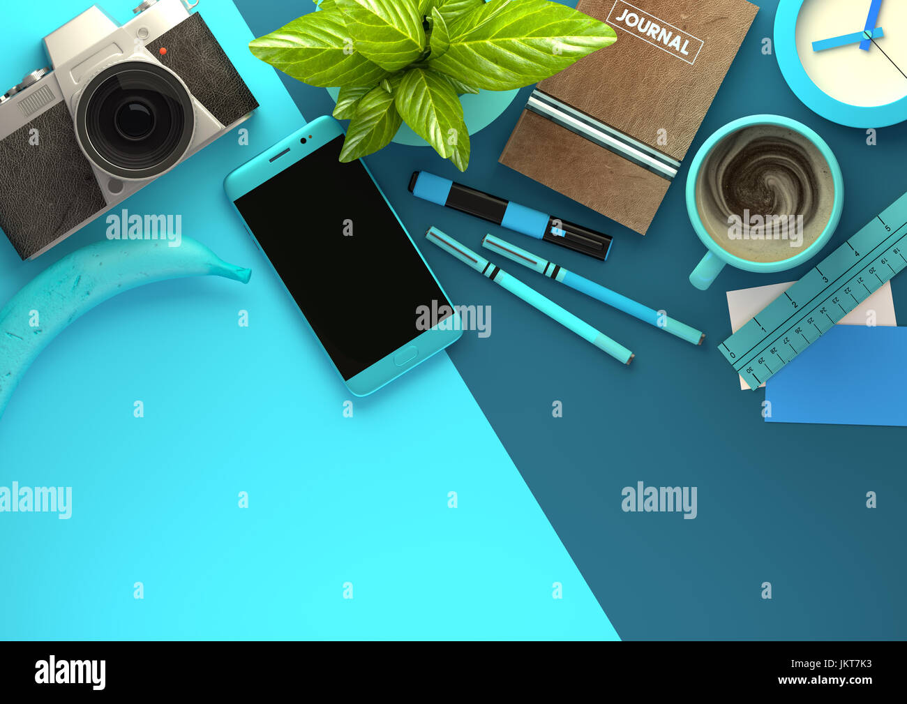 Top down view of modern work space office desk with essentials including coffee, office plant, mobile device, camera, food snacks and business tools - Stock Photo