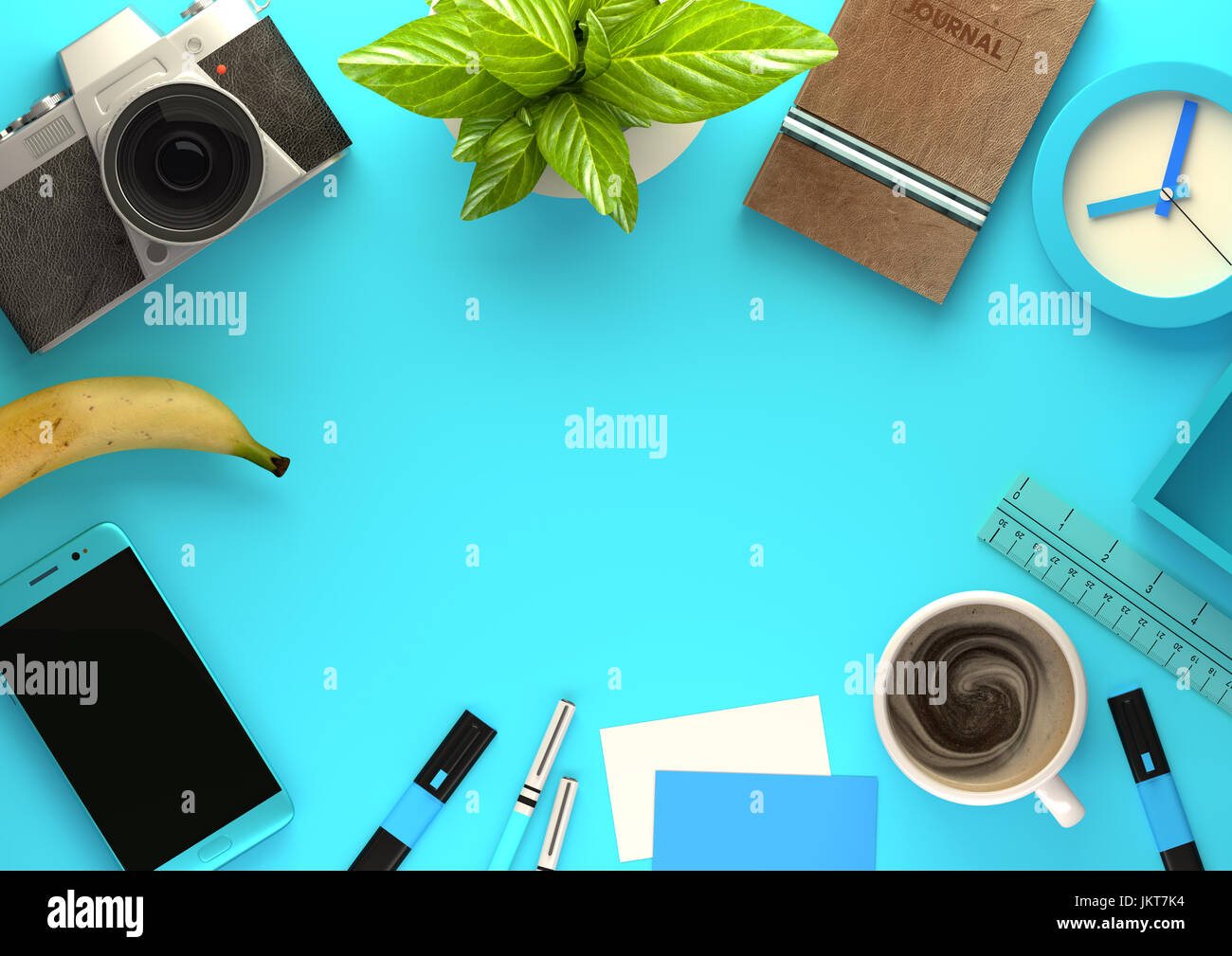 Top down view of modern work space office desk with essentials including coffee, office plant, mobile device, camera, food snacks and business tools - Stock Photo