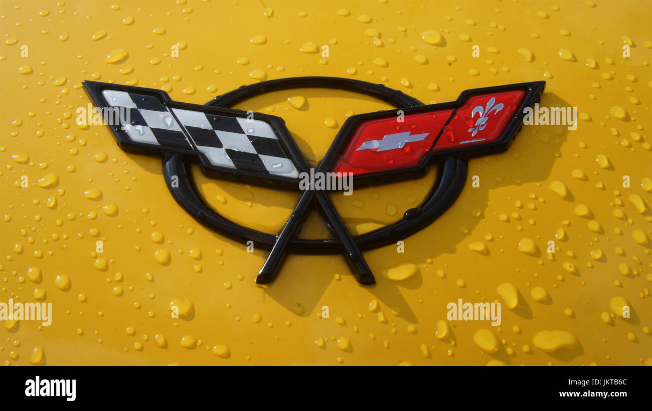 Montreal,Canada 23 July,2017.Close-up of a Chevrolet Corvette emblem after a rain storm .Credit:Mario Beauregard/Alamy Live New Stock Photo