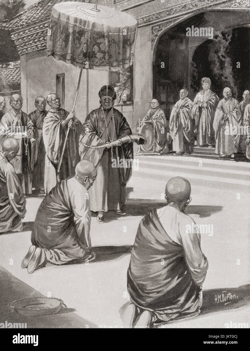 Chu Yuang Chang is admitted as a novice monk at the Huangjue Temple, a local Buddhist monastery, he later became emperor.   The Hongwu Emperor, 1328 – 1398, personal name Zhu Yuanzhang or Chu Yuan-Chang.  Founder and first emperor of China's Ming dynasty.  From Hutchinson's History of the Nations, published 1915. Stock Photo