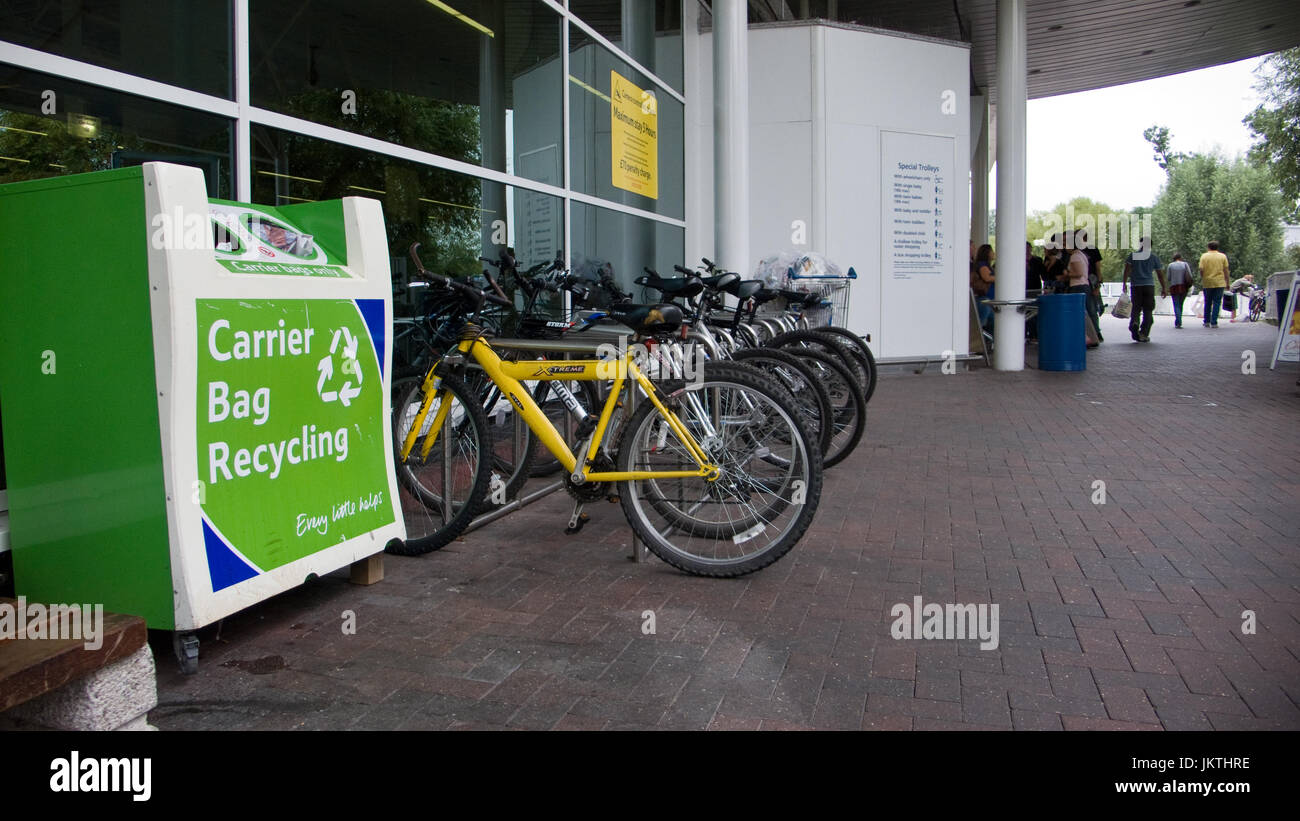 Tesco Recycling Area and Bike Rack outside Watford store Stock Photo