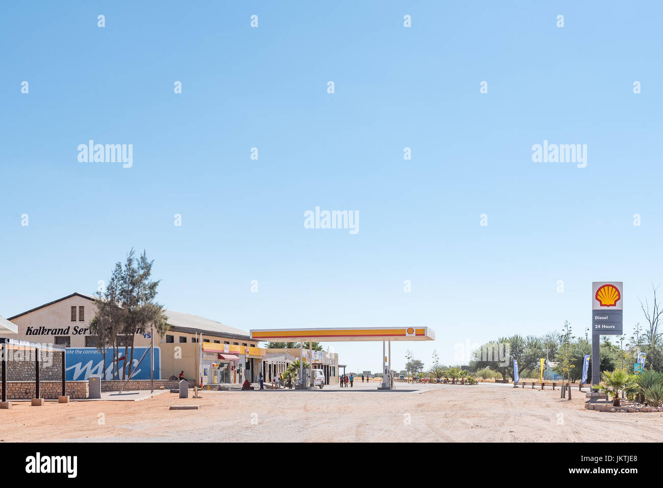 KALKRAND, NAMIBIA - JUNE 14, 2017: A gas station and shopping centre in Kalkrand, a village on the B1-road between Mariental and Rehoboth Stock Photo