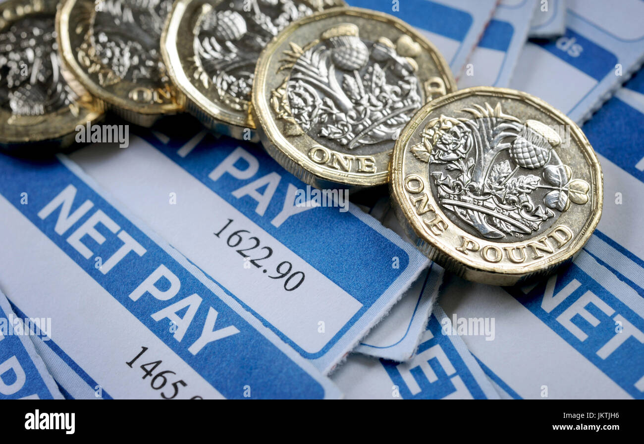 PAYSLIPS WITH ONE POUND COINS RE WAGES INCOMES PENSIONS SALARY INFLATION FINANCIAL PLANNING BREXIT HOUSEHOLD BUDGETS LIVING WAGE NET JOBS MINIMUM UK Stock Photo