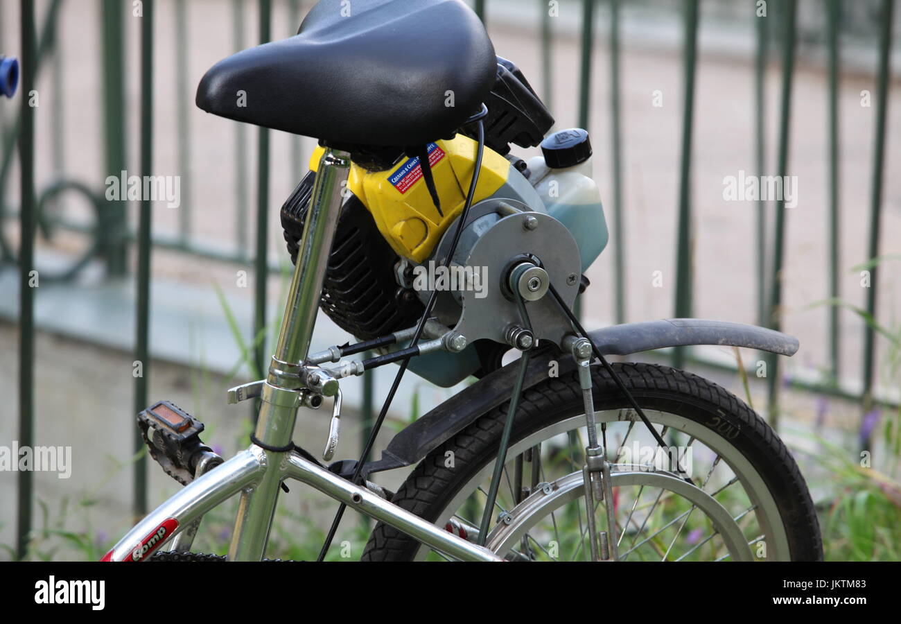 homemade, bicycle with a motor of the lawnmower, fragment Stock Photo
