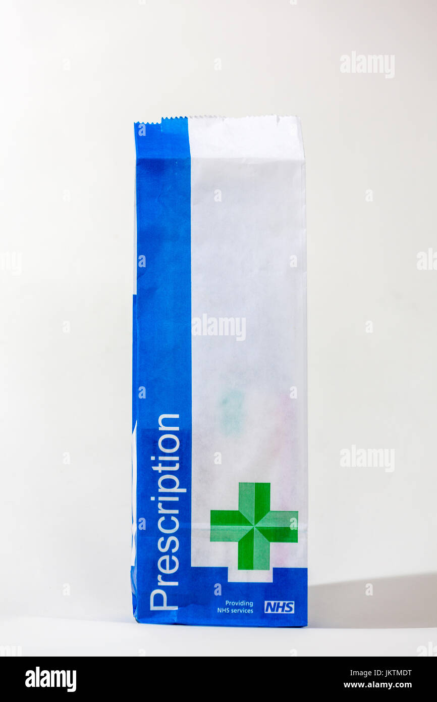 Prescription bag as used by the NHS to hold medicines. Stock Photo