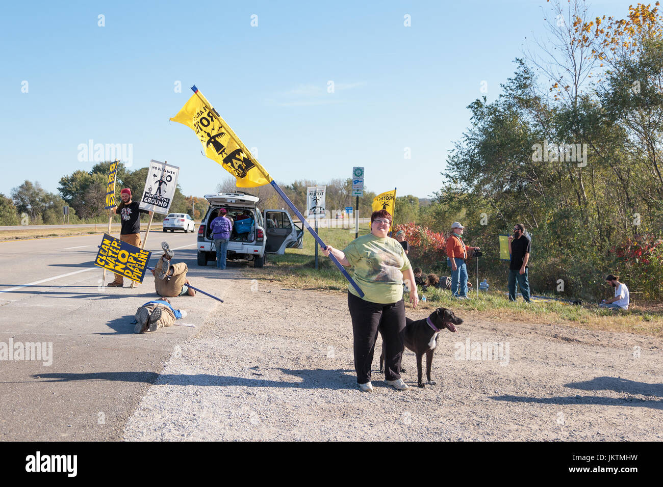 Mississippi Stand protesters blocking access to a DAPL oil pipeline construction waste disposal site in Montrose, Iowa Stock Photo