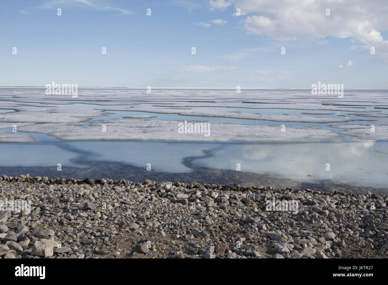 Broken pans of sea ice on ocean coast with blue sky and pebble beach along the Northwest Passage in June, Cambridge Bay, Nunavut Stock Photo