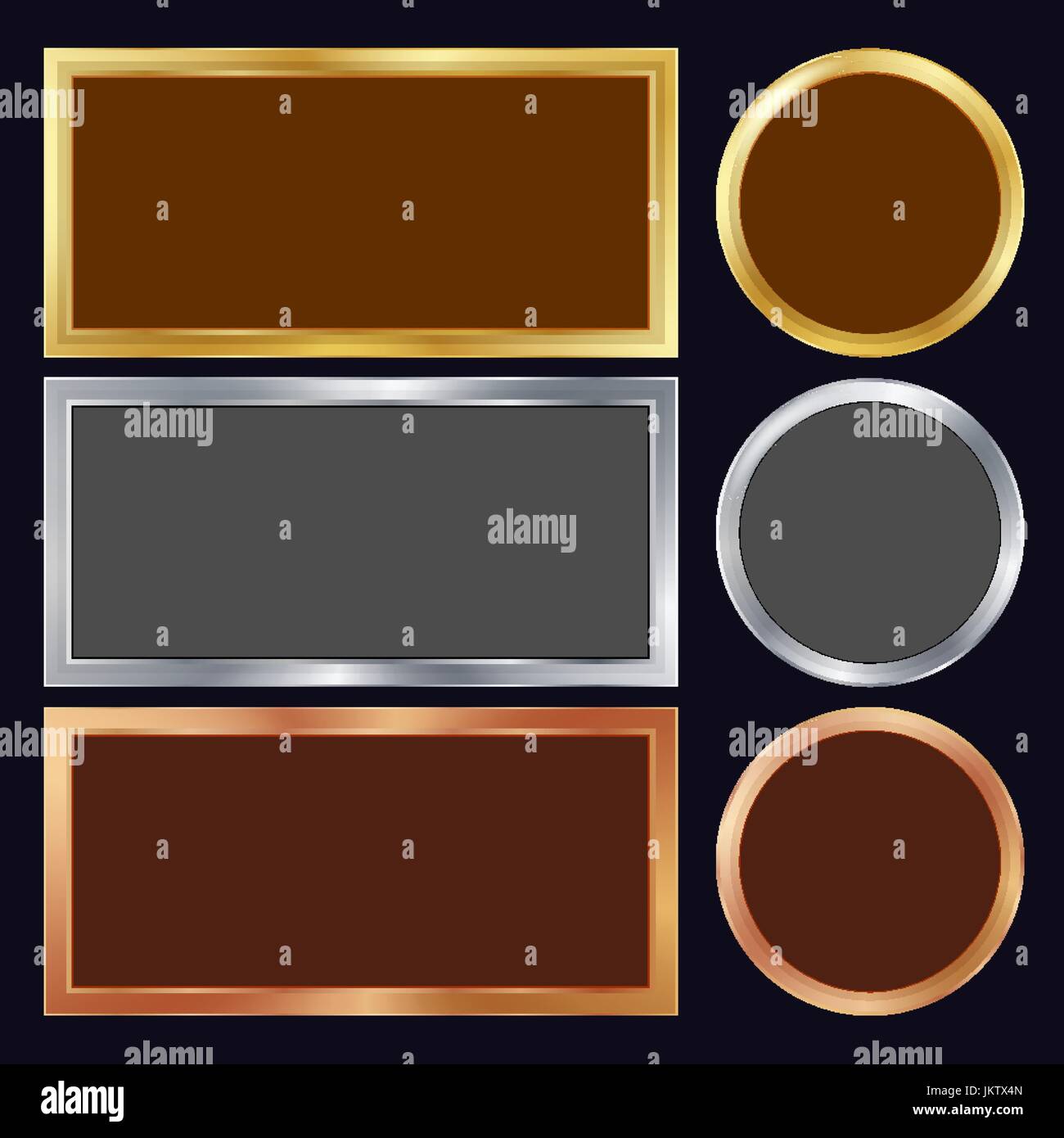 Gold, Silver, Bronze, Copper Metal Frames Vector. Rectangular, Round
