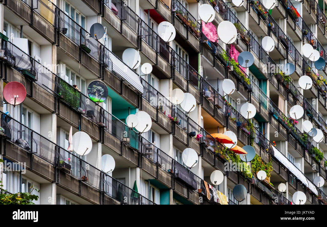 Many satellite dishes on outside on n apartment building in Berlin, Germany Stock Photo