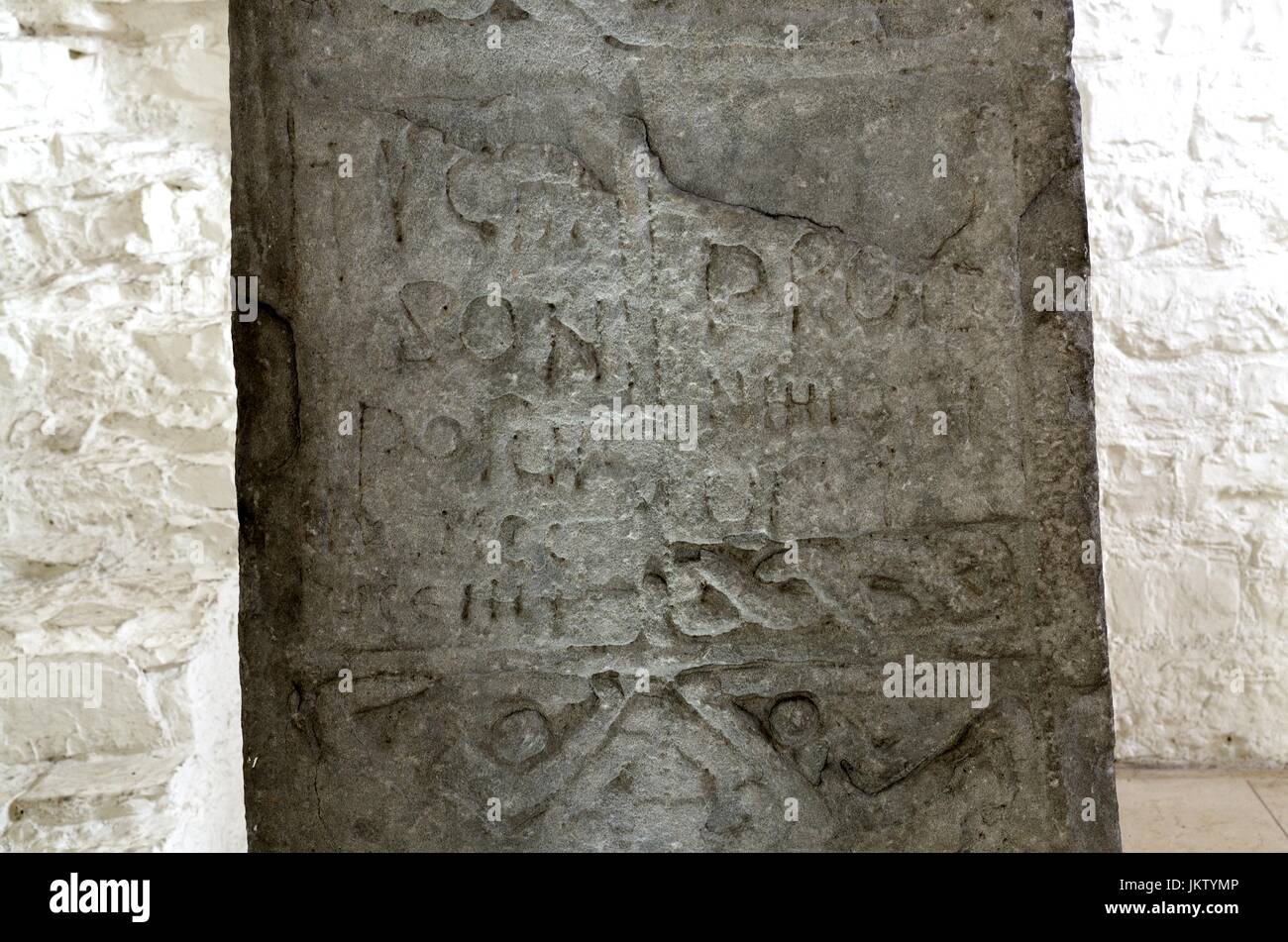 inscription on Samson Cross or Illtud Celtic cross St Illtud's church Vale of Glamorgan Wales Cymru UK  GB Stock Photo
