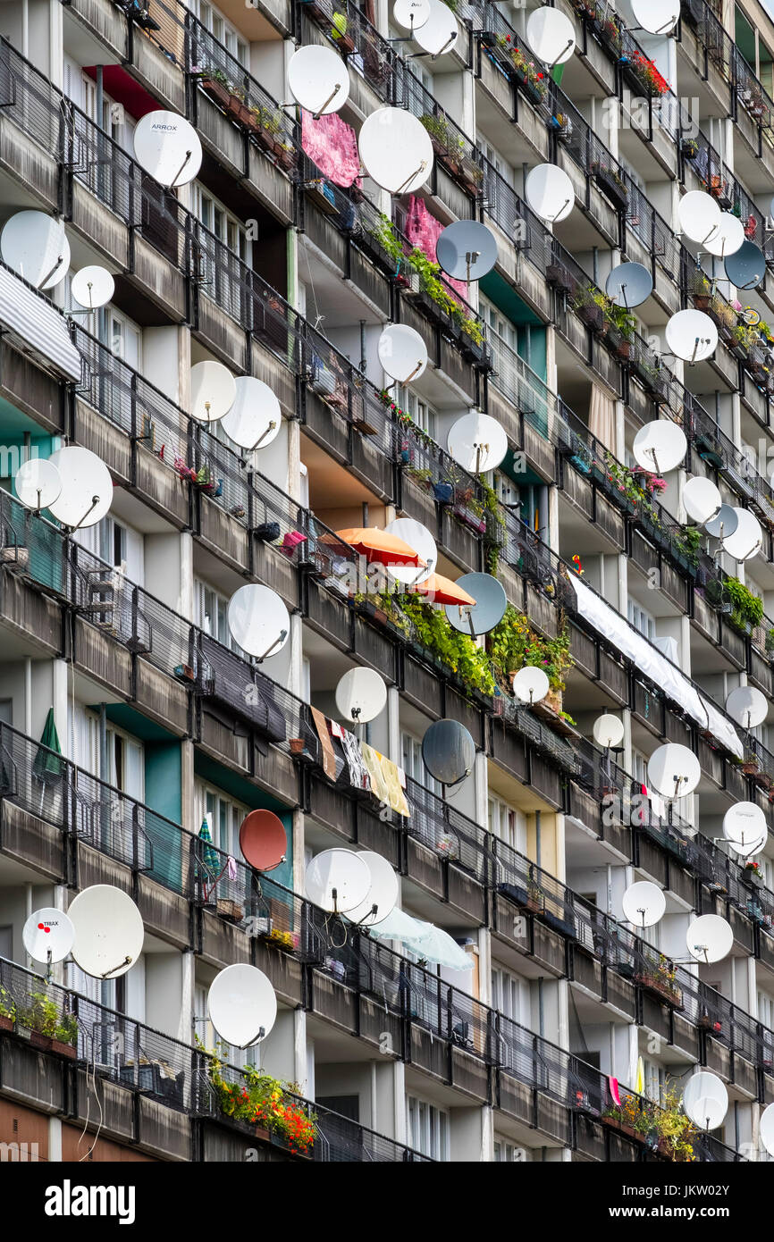 Many satellite dishes on balconies on social housing apartment blocks at Pallasseum on Pallastrasse in Schoeneberg district of Berlin, Germany. Stock Photo