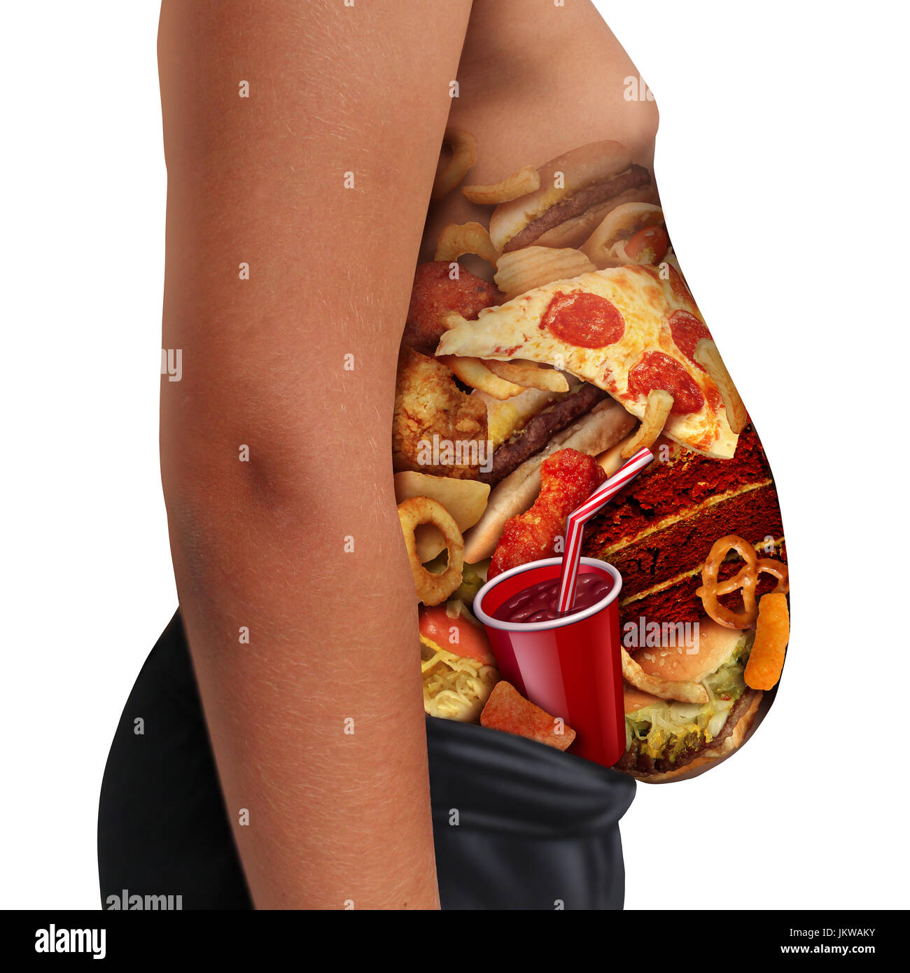 Child eating unhealthy diet as a side view of a fat kid with the stomach made from junk food as soda burgers and french fries as a youth medical. Stock Photo