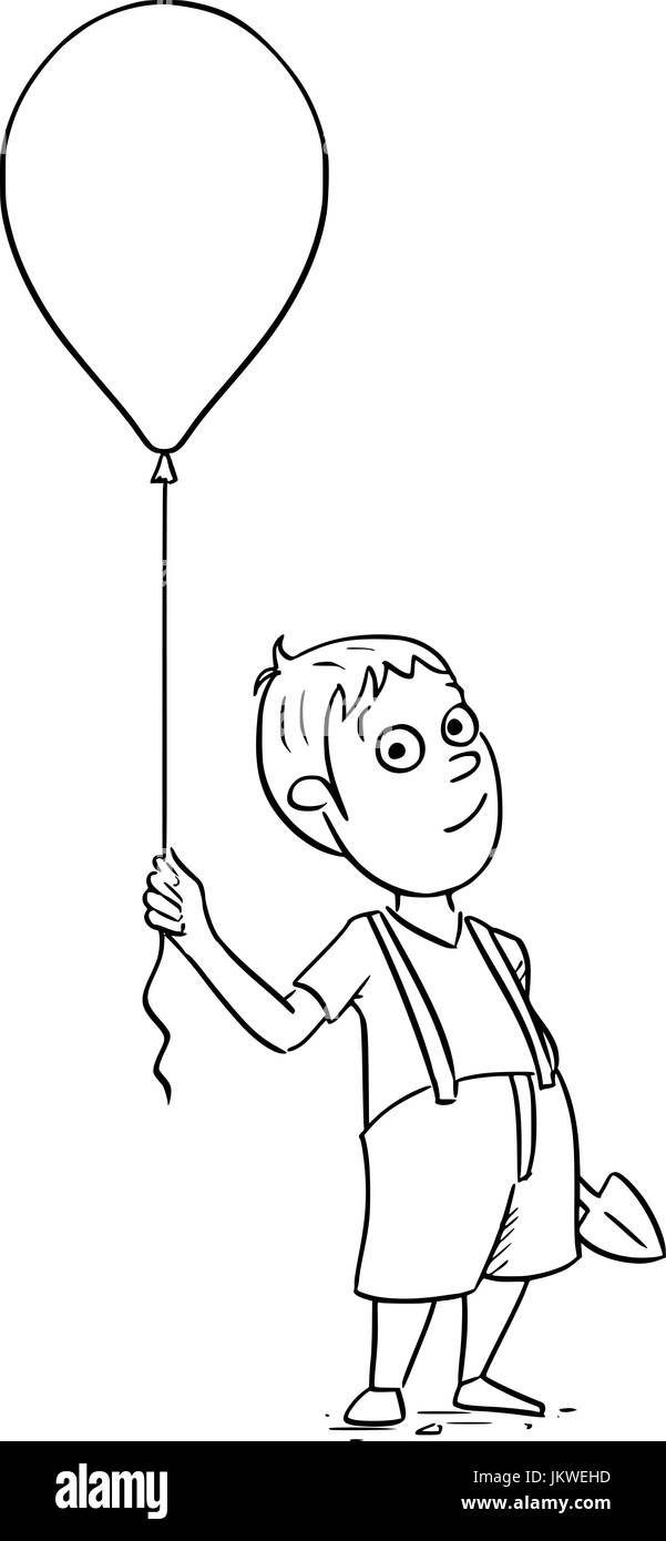 Hand drawing cartoon illustration of boy holding inflatable air ball balloon and shovel. Stock Vector