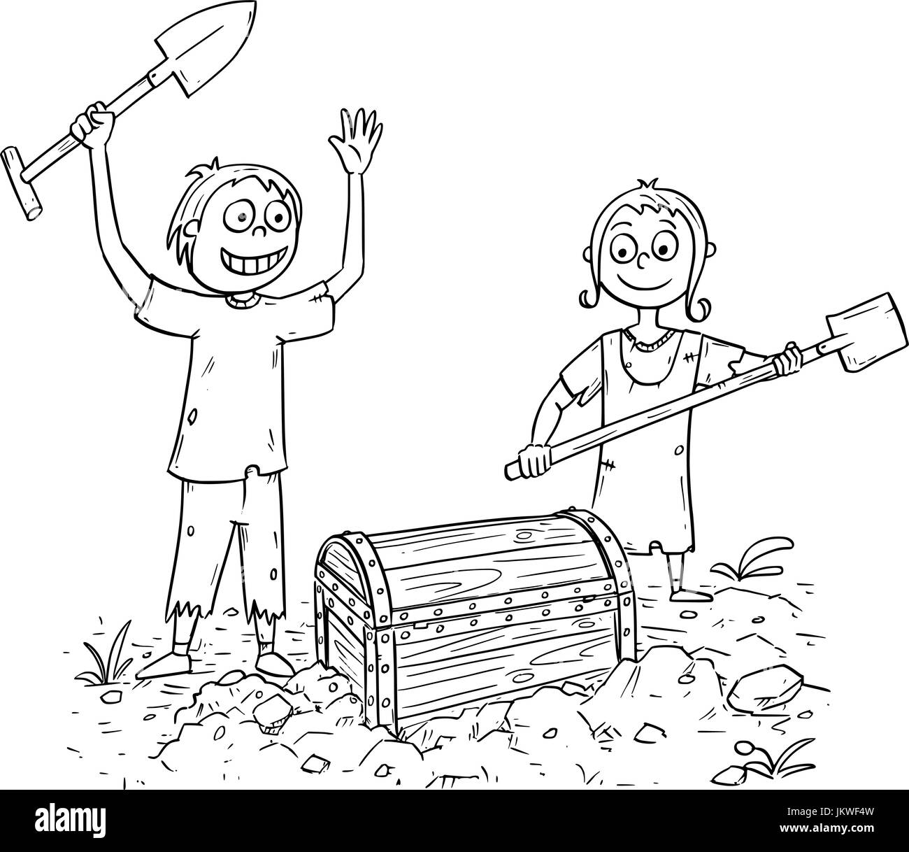 Hand Drawing Illustration Of Happy Boy And Girl Who Found Pirate