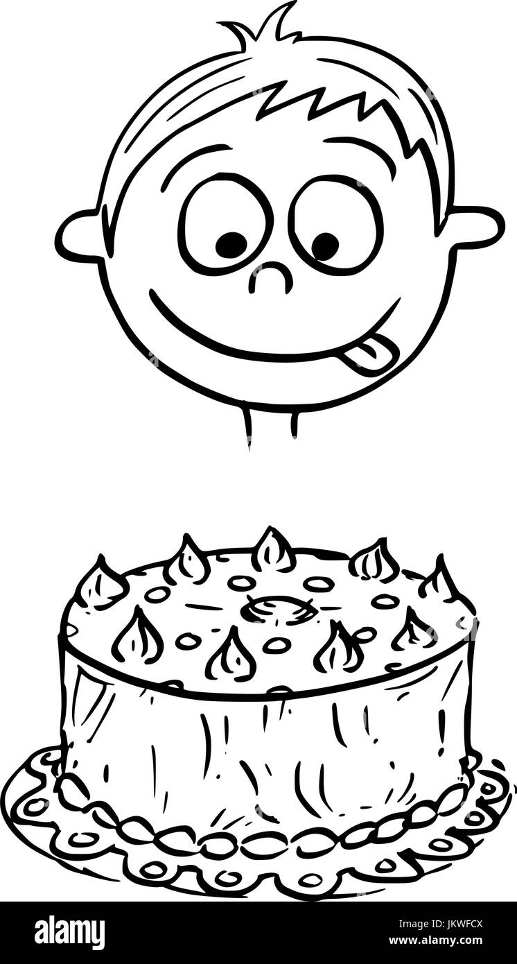 Hand drawing cartoon vector illustration of boy looking at birthday cake. Stock Vector