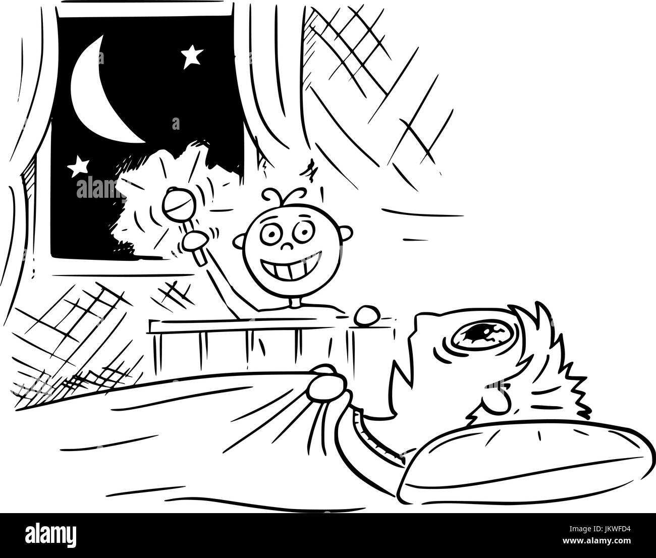 Hand drawing cartoon vector illustration of baby not sleeping and doing noise at night, and mother or father lying deadly tired in bed and not able to Stock Vector