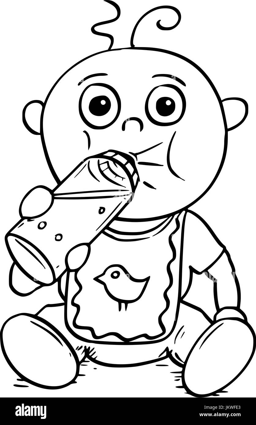 Hand drawing cartoon vector illustration of baby drinking from feeding or nursing or sucking bottle. Stock Vector