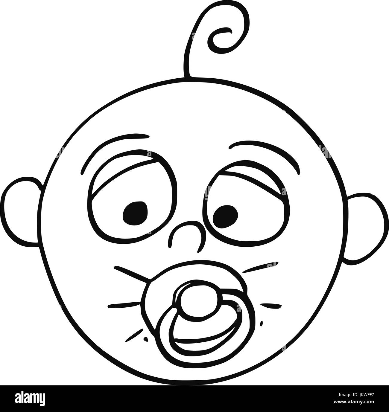 Hand drawing cartoon vector illustration of tired baby with dummy or comforter or pacifier in mouth. Stock Vector