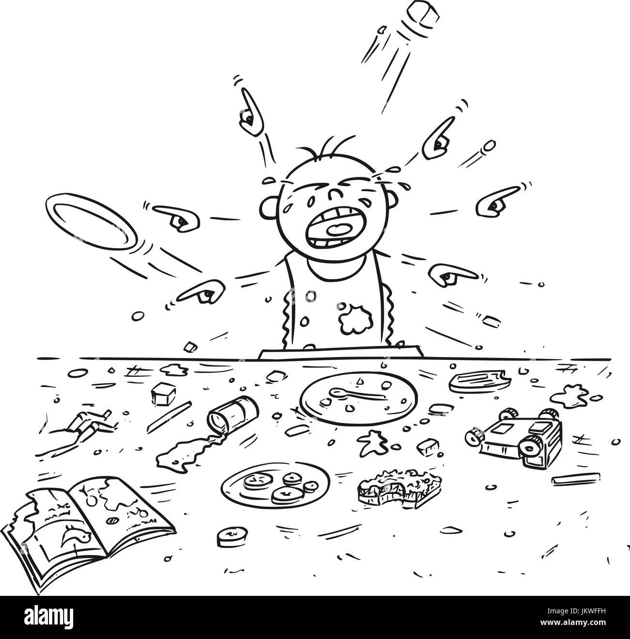 Hand drawing cartoon vector illustration of spoiled spoilt crying baby doing mess around during eating, pointing and demanding things all around. Stock Vector