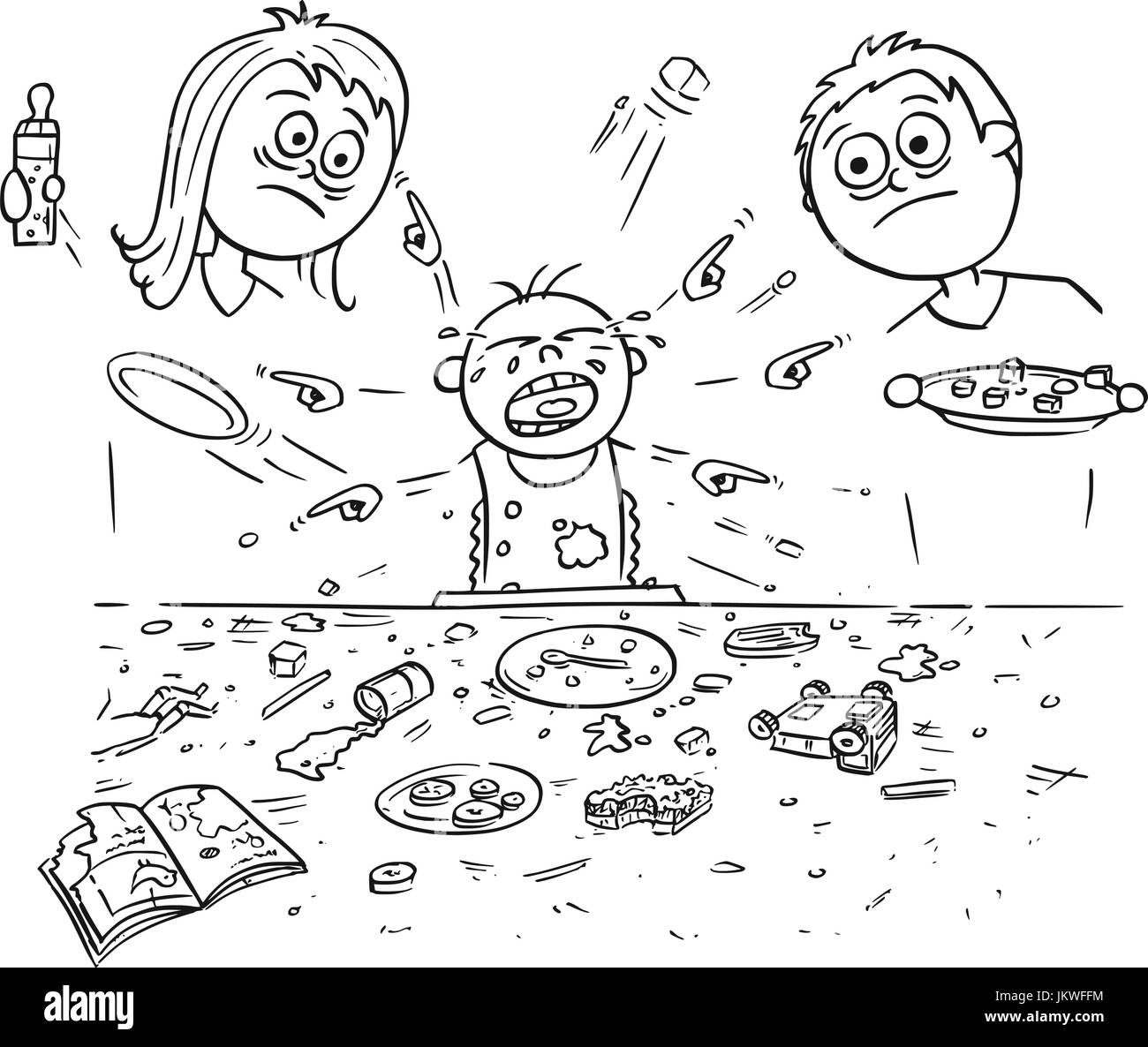 Hand drawing cartoon vector illustration of spoiled spoilt crying baby doing mess around during eating, pointing and demanding things all around. Unha Stock Vector