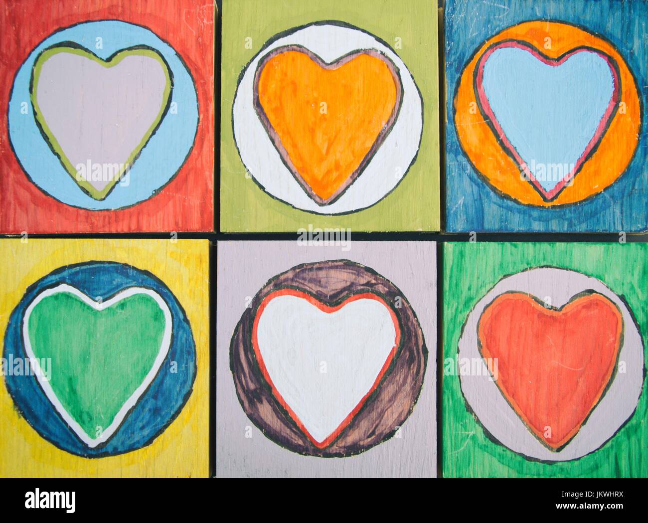 Hand painted love hearts on wooden blocks Stock Photo