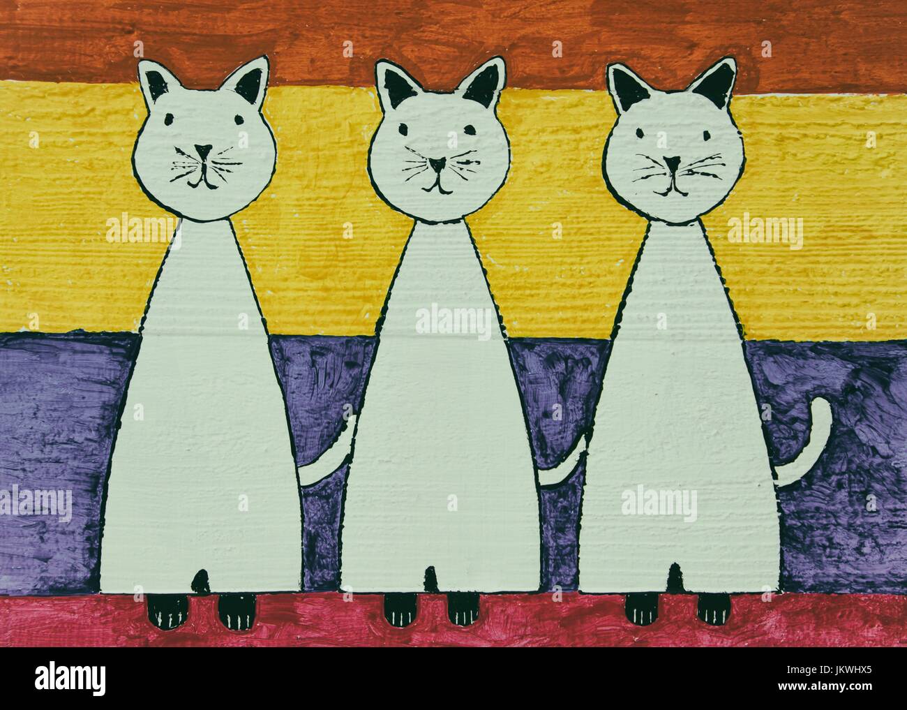 Hand painted cats on striped wood background Stock Photo