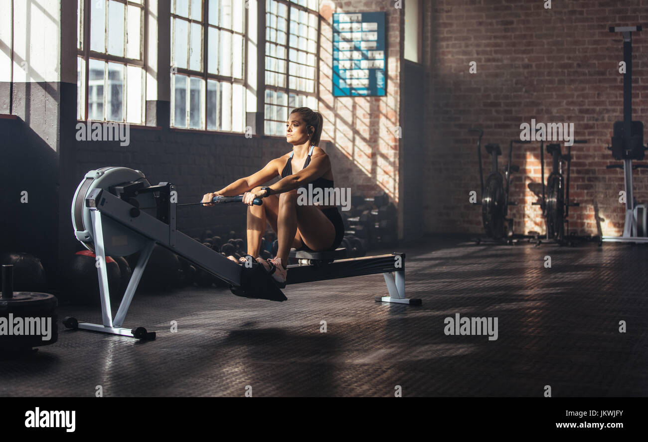 Woman doing muscle training at the gym. Athlete working out at the gym by pulling weight. Stock Photo