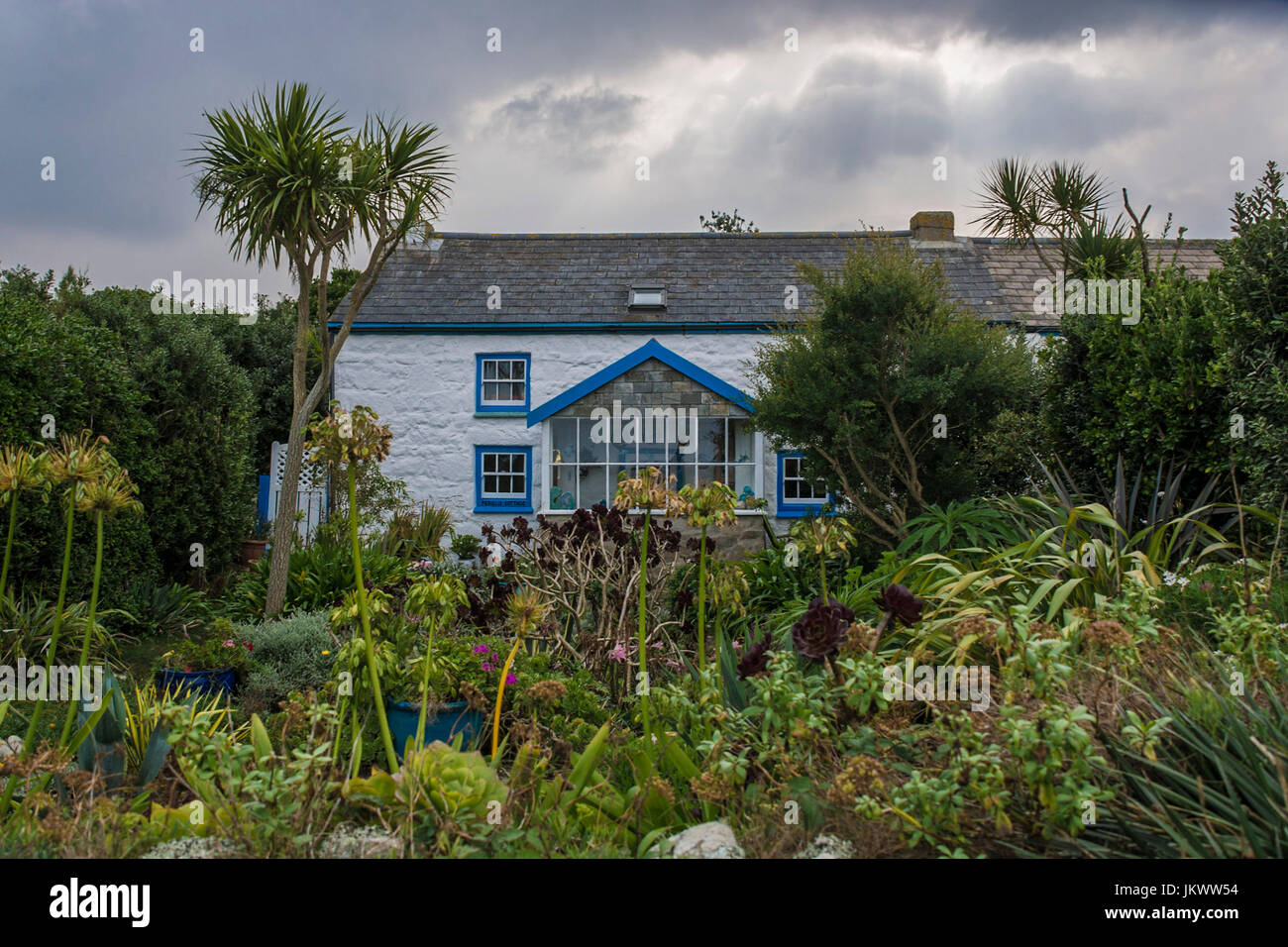 White cottage, St Agnes Church, Isles of Scilly Stock Photo Alamy