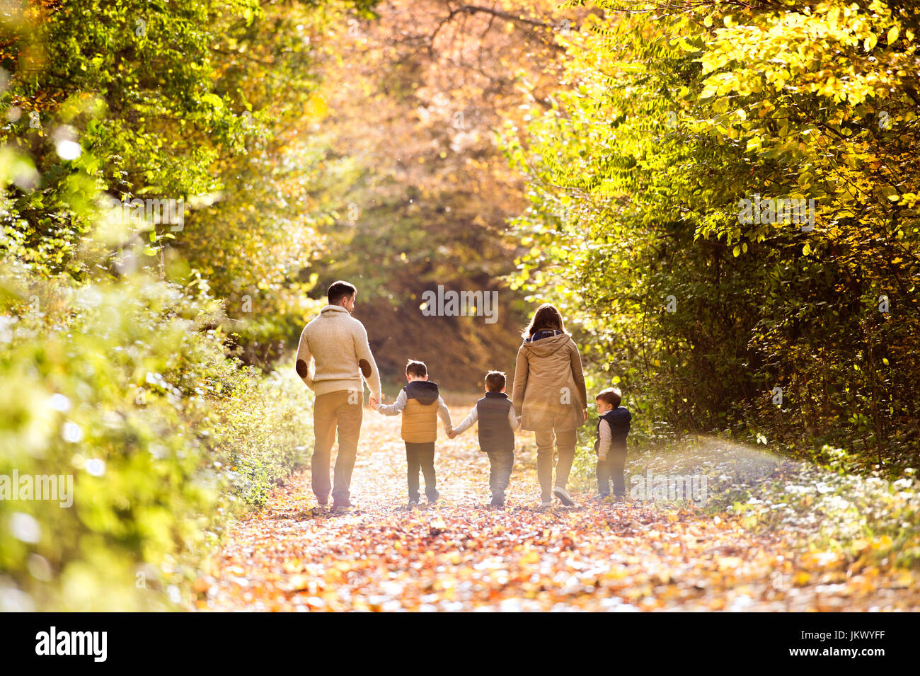 Beautiful young family on a walk in autumn forest Stock Photo - Alamy