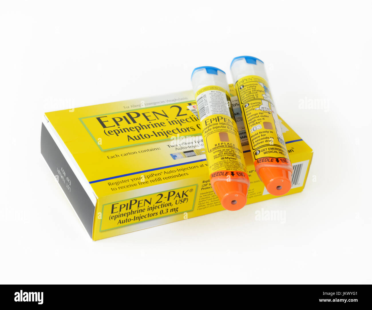 EpiPen auto-injectors manufactured by Mylan Pharmaceuticals Stock Photo