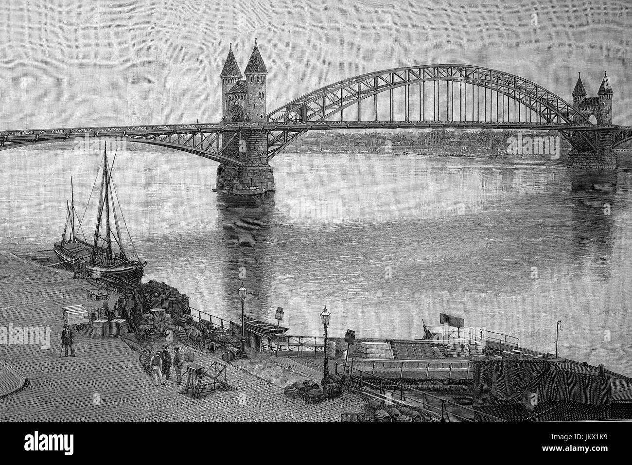 Digital improved:, Engraving of the Rhine Bridge near Bonn, Germany, publication from the year 1882 Stock Photo