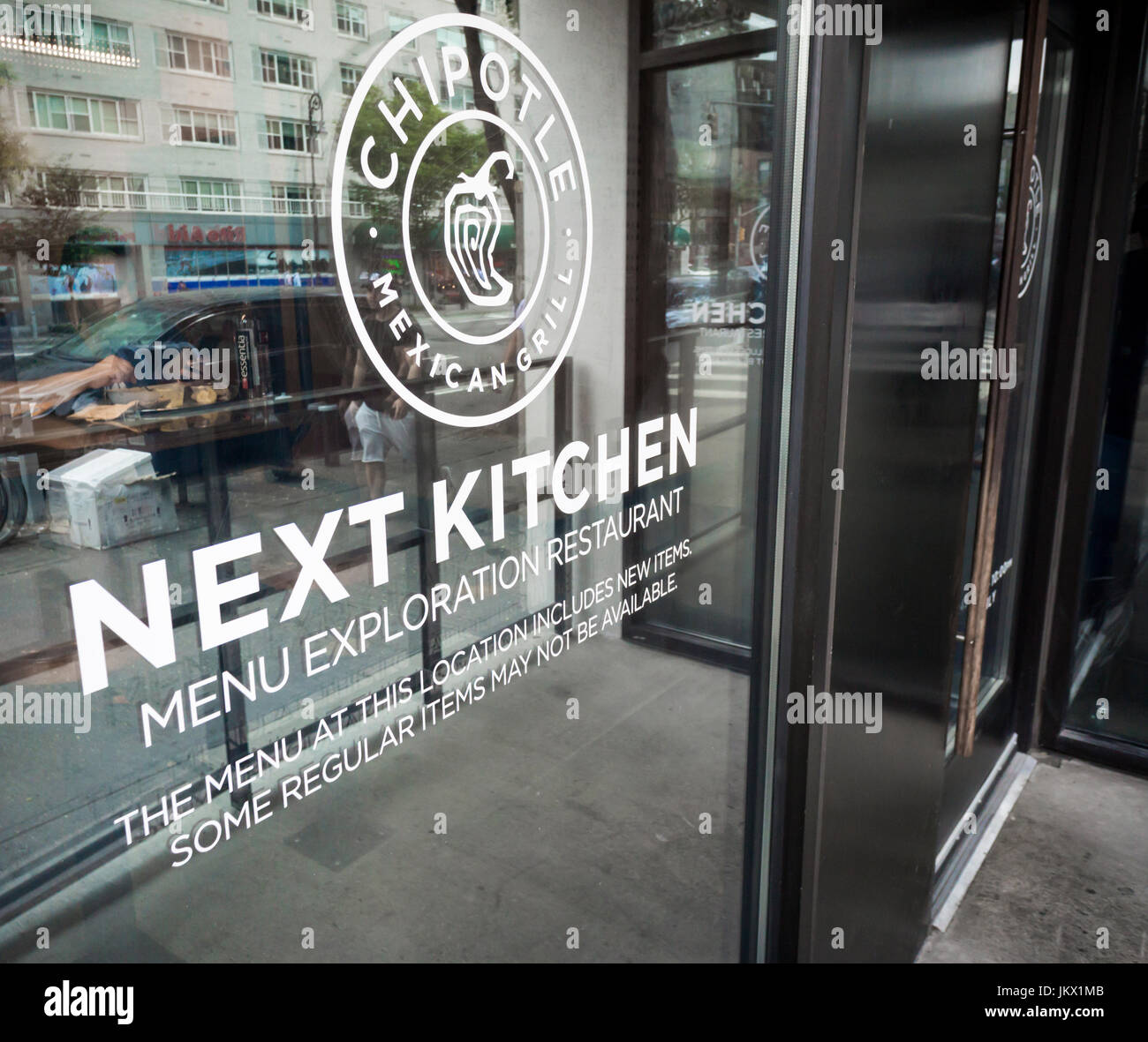 A Chipotle Mexican Grill Next Kitchen menu exploration restaurant in New York on Thursday, July 13, 2017.  The fast casual restaurant will serve Chipotle's newest products and act as a test of ordering technology. Currently the Next Kitchen is the only Chipotle in the world serving queso. (© Richard B. Levine) Stock Photo