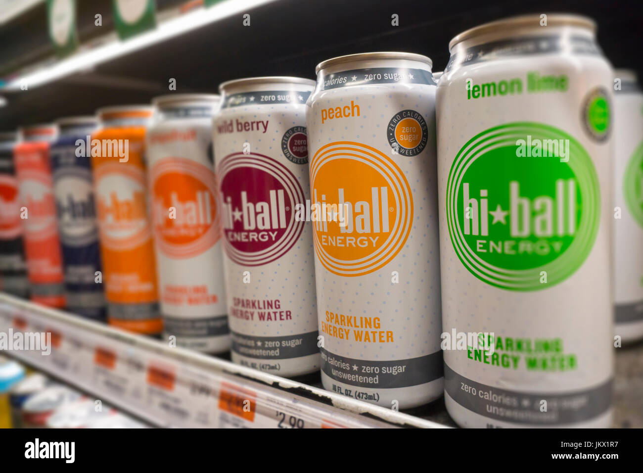 Cans of Hi-Ball energy drinks in a supermarket cooler in New York on  Thursday, July 20, 2017. AB InBev (Anheuser-Busch) announced it will  acquire Hiball Energy the maker of the organic Hi-Ball