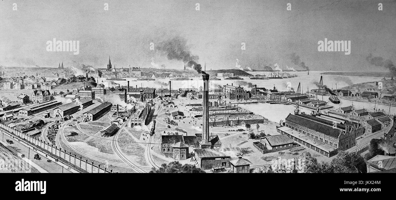 Digital improved:, The Reichshafen, port and the imperial shipyard in Kiel, Germany, publication from the year 1882 Stock Photo