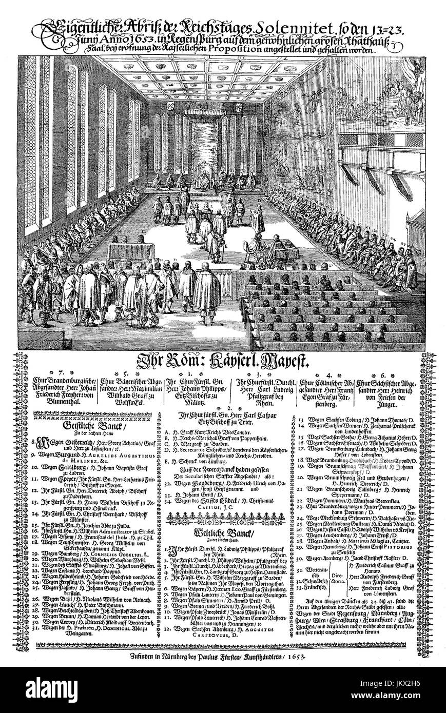 Digital improved:, The Reichstag, organized in the great hall of the town hall of Regensburg in 1653, Germany, publication from the year 1882 Stock Photo