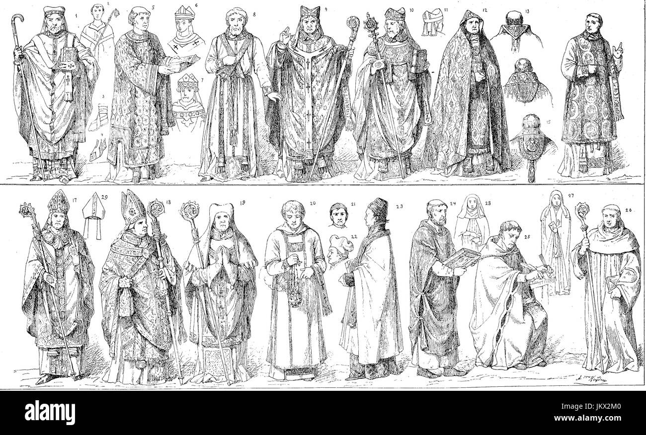 Digital improved:, The development of the spiritual vestments, clothing in the Middle Ages, drawn by August von Heyden, publication from the year 1882 Stock Photo