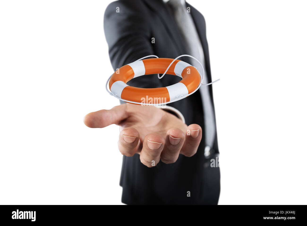 Businessman that hold a lifebelt. Concept of insurance and help in your business Stock Photo