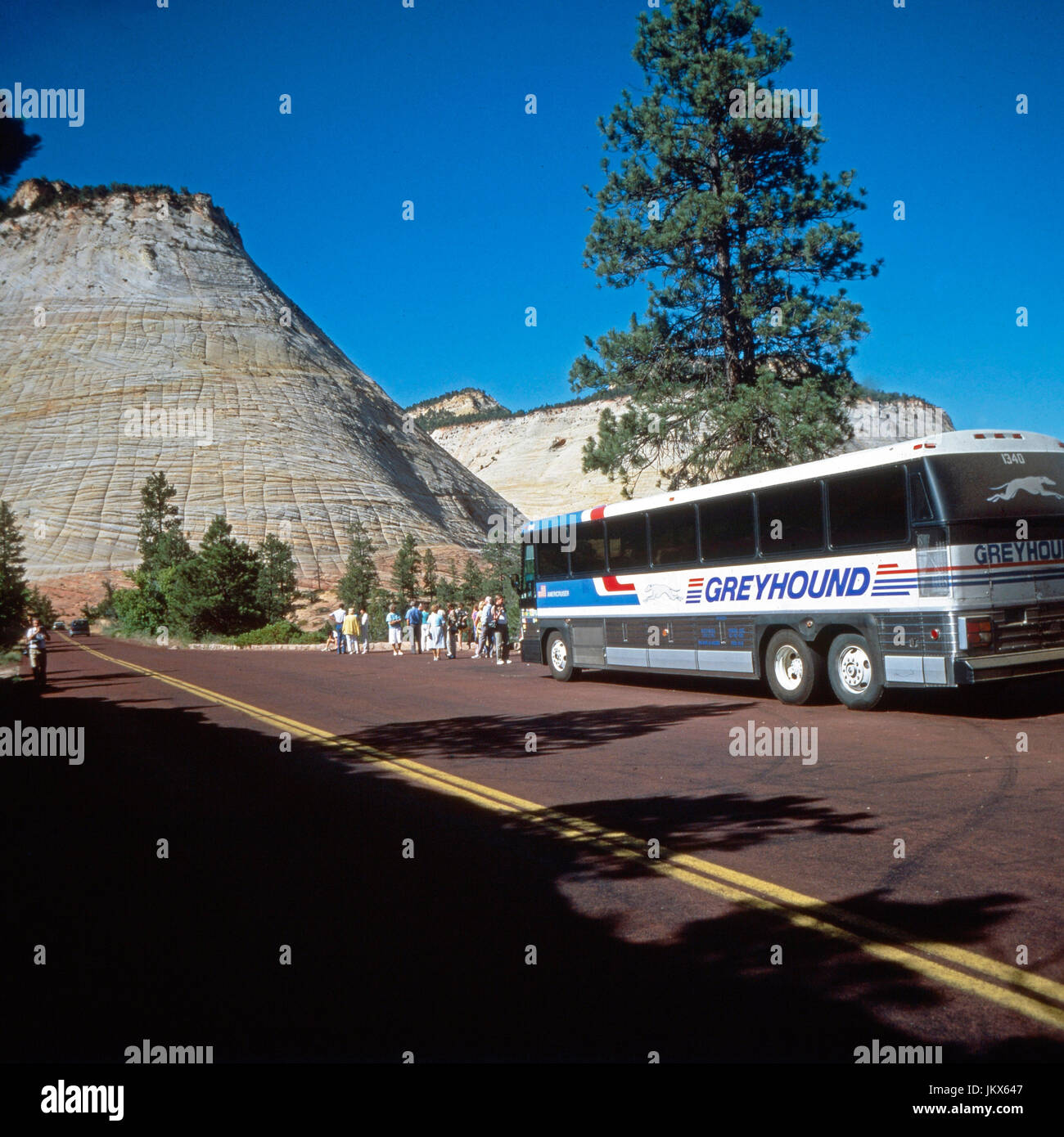 Ein Greyhound Bus bringt eine Touristengruppe zum Zion Nationalpark in Utah, USA 1980er Jahre. A greyhound bus brings a group of tourists to the Zion national park in Utah, USA 1980s. Stock Photo