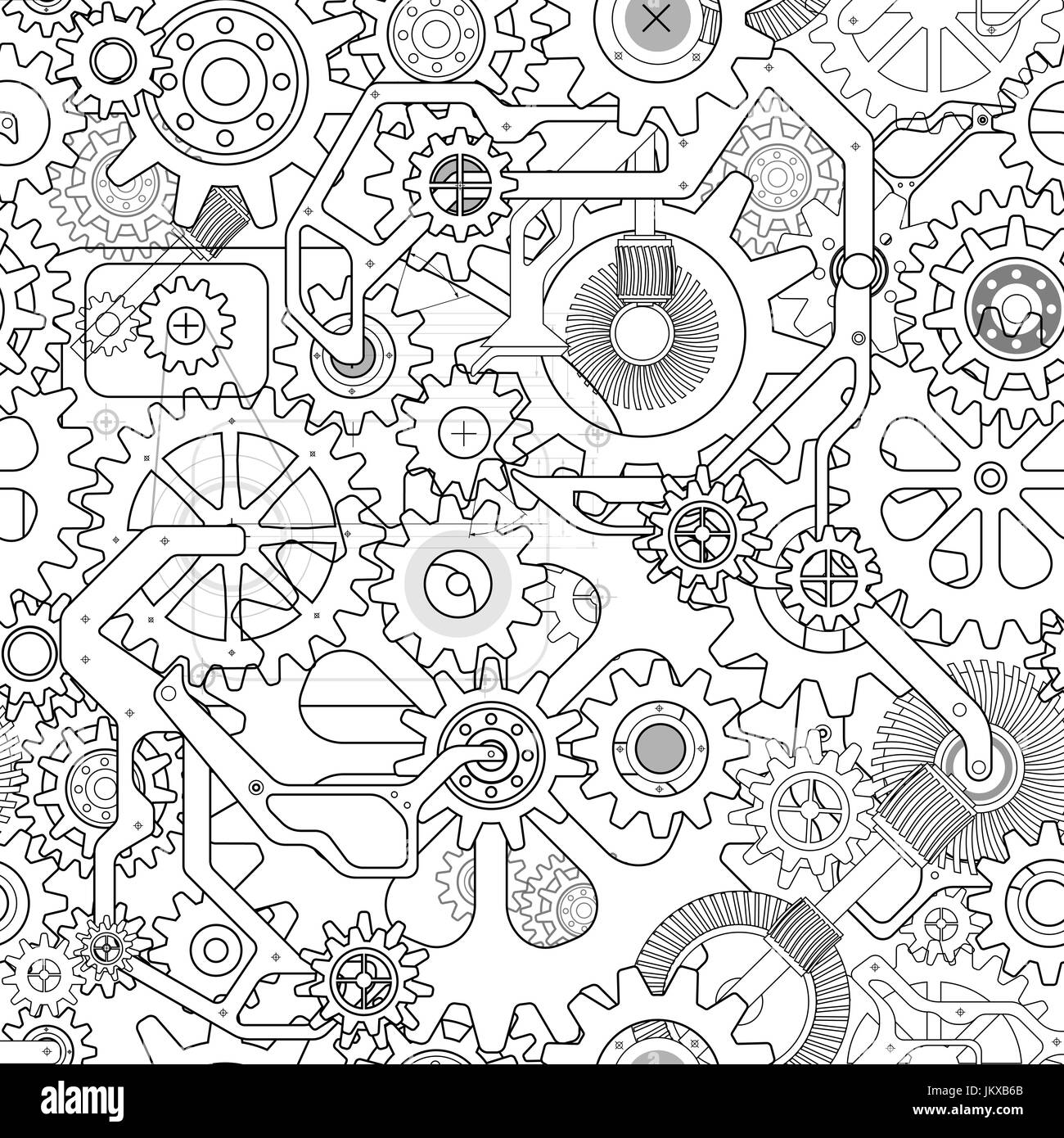 Clockworks mechanism in steampunk style illustration with many gears drawn blueprint, seamless pattern white background illustration Stock Vector