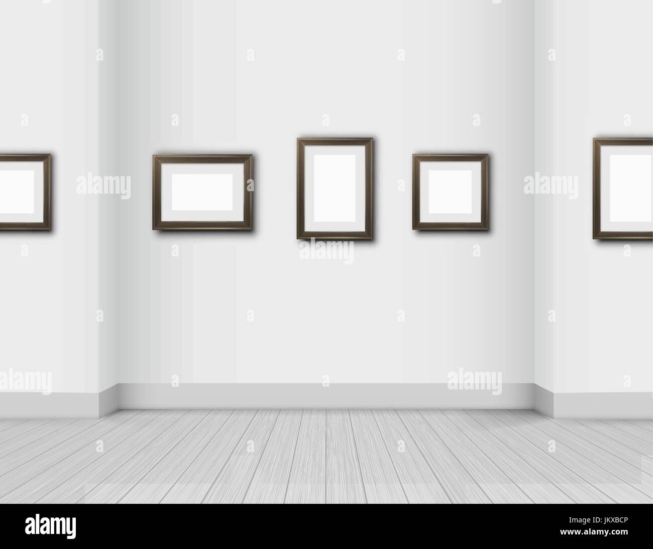 Vector Bright Modern Interior - white wooden floor and white clean wall with paints frame Stock Vector
