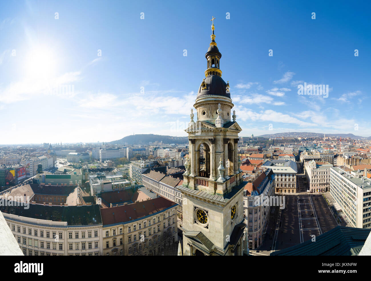 BUDAPEST, HUNGARY - FEBRUARY 22, 2016: Panorama of Budapest, Hungary taken from the tower of Saint Istvan cathedral Stock Photo
