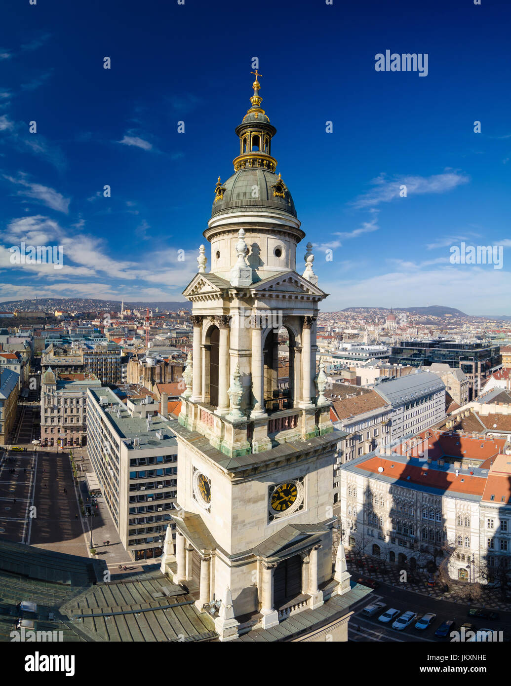 BUDAPEST, HUNGARY - FEBRUARY 22, 2016: Panorama of Budapest, Hungary taken from the tower of Saint Istvan cathedral Stock Photo
