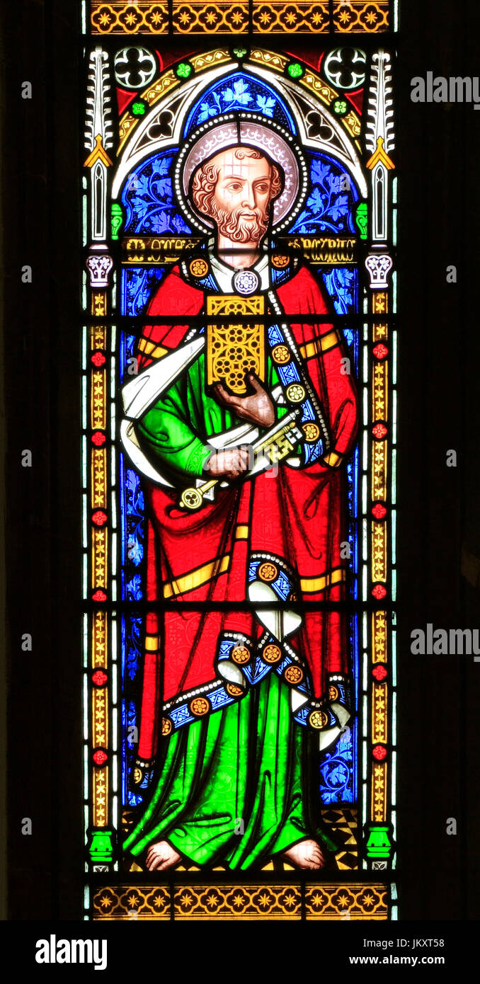 St. Peter, with keys to Heaven, Stained glass window by William Wailes, 1853, Swaffham, Norfolk, England, UK, saint Stock Photo