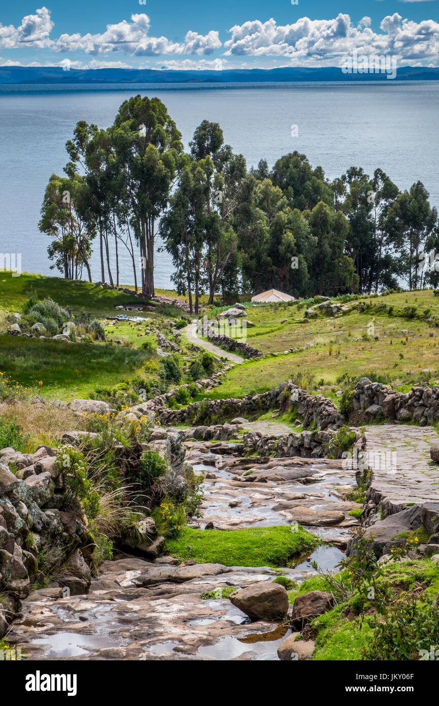 View of pathway Taquile in Lake Titicaca, Peru. Stock Photo