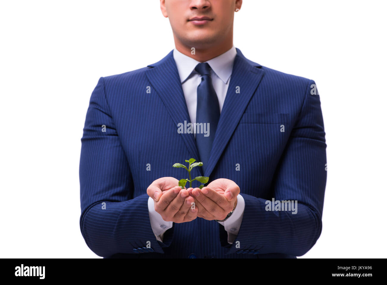 Businessman holding green sprouts isolated on white Stock Photo - Alamy
