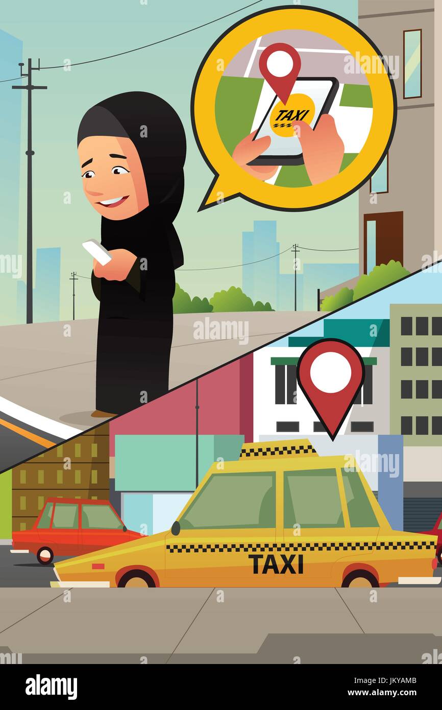 A vector illustration of a Muslim Woman Calling Taxi from Her Cellphone Stock Vector