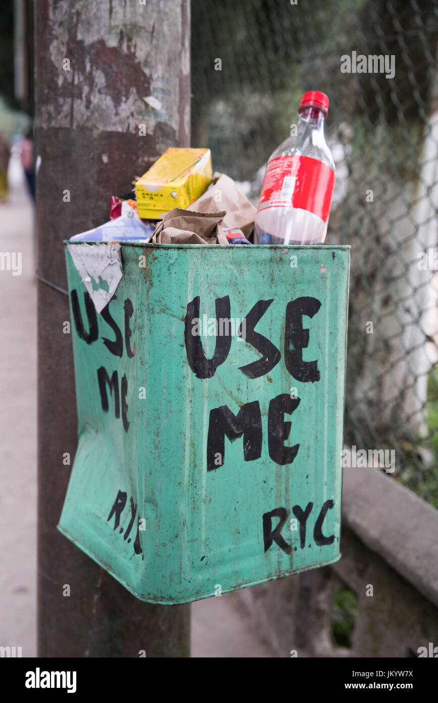 USE ME word on bin hanging around Darjeeling town for people Stock Photo