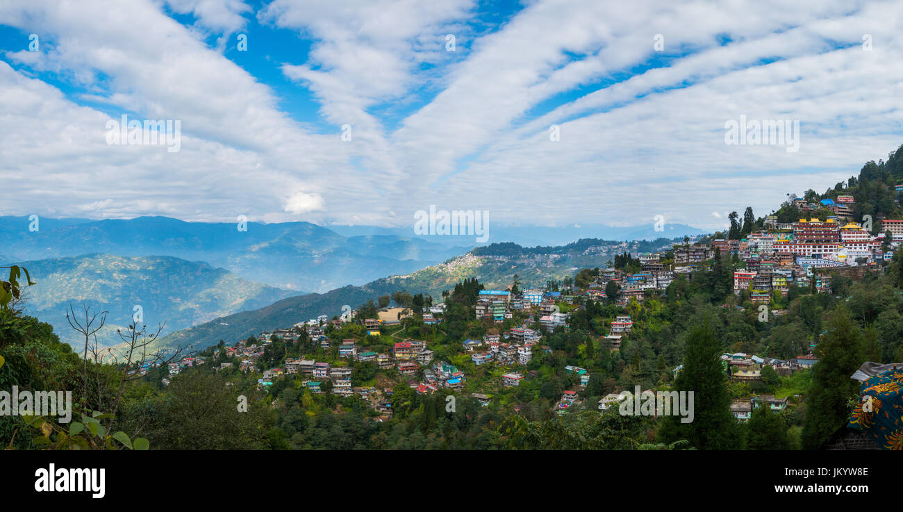 Morning time of Darjeeling town view from high angle view shot, West Bengal, India. Panorama shot Stock Photo